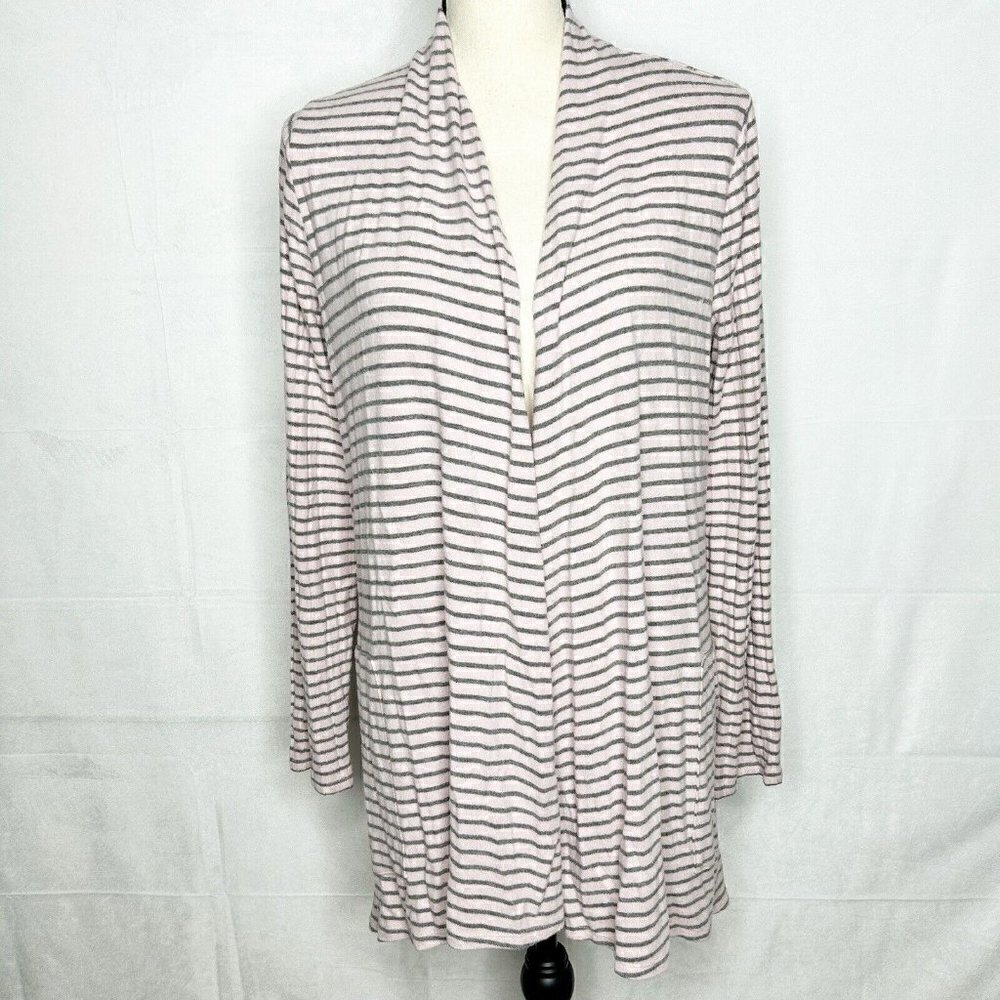 Chico's Zenergy Sweater Pink Gray Knit Striped Cardigan Open Front Sz 0 (4-6 US)